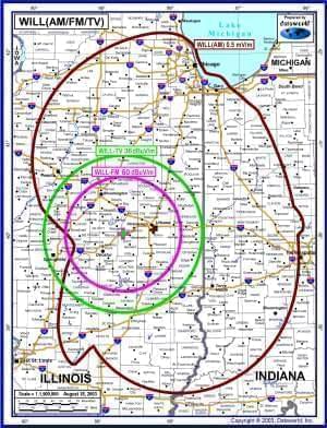 WILL broadcast coverage map for WILL-TV, WILL-AM, and WILL-FM