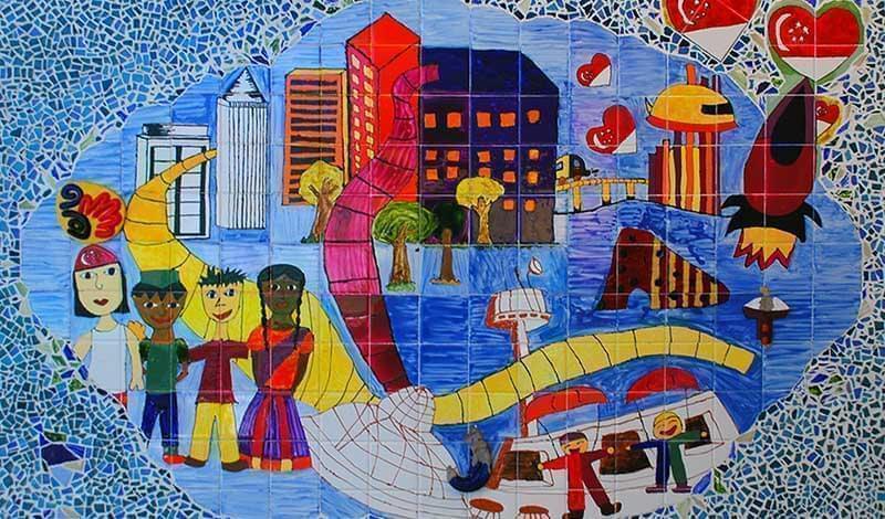 a mural of  people living in community