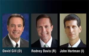 Democrat David Gill, Republican Rodney Davis, Independent candidate John Hartman