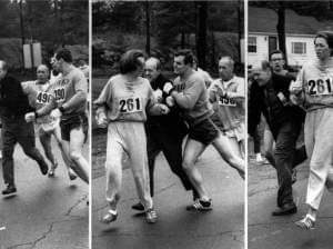 The 1967 Boston Marathon Race Commissioner trying to pull Kathrine from the race course. 