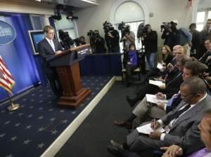 White House press secretary Jay Carney listens during his daily news briefing at the White House in Washington, Tuesday, May, 14, 2013. 