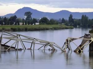 A collapsed portion of the Interstate 5 bridge in Washington state