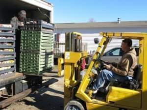 Curt Matthews, of aid organization Helping Hands of Odin, in Odin, Ill., unloads a shipment of bread delivered by a volunteer.