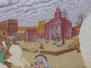 A mural depicting the March 28, 1864 riot between between Union troops and Southern sympathizers in Charleston, Ill.