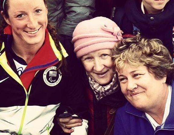 Tatyana McFadden with her Russian birth mother, Nina and birth mother, Deborah at the 2014 Winter Paralympic, Sunday, March 9, 2014, in Krasnaya Polyana, Russia.