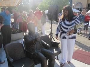 Chaz Ebert with Roger Ebert Sculpture