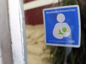 A decal reading "Breastfeeding Welcomed Here" is displayed on the door to a store on Thursday, Aug. 11, 2011, in Nashville, Tenn. Nashville&#039;s Metro Health Department is encouraging local businesses to make breastfeeding mothers fee