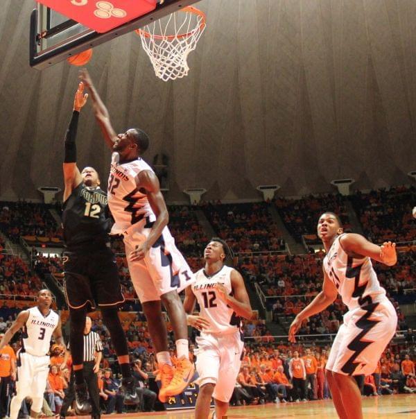 Nnanna Egwu blocks Purdue Forward, Vince Edwards (12)
