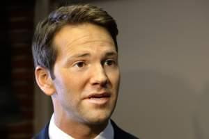 Congressman Aaron Schock talks with reporters before meeting with constituents Feb. 6