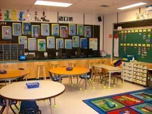 An empty elementary school classroom