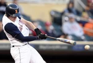 Illini Pat McInerney hits an RBI single off Nebraska pitcher Colton Howell during the eighth inning of Wednesday's first-round NCAA Big Ten tournament win in Minneapolis. 