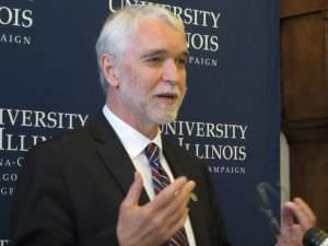 New University of Illinois President Timothy Killeen speaks to reporters in his office Monday, May 18, 2015 in Urbana