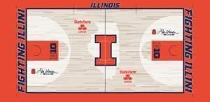 An illustration of the new basketball court featuring images of Henson's traditional orange blazer and a pair of wings that will represent the 1989 Flyin' Illini team on both ends of the court 