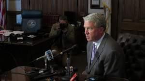 House Republican Leader Jim Durkin speaks with reporters in his Capitol office on May 31, 2015.
