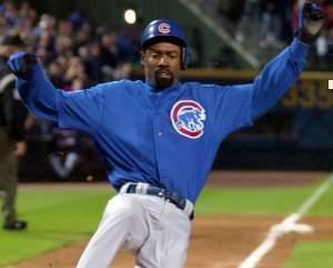 Former Chicago Cub Doug Glanville scores in the eighth inning on a Tom Goodwin sacrifice fly to tie the game 3-3 in game two of the National League Division Series at Turner Field in Atlanta Wednesday, Oct. 1, 2003 . 