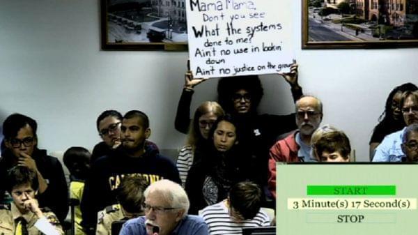 Members of the public attending a Champaign County Board meeting to talk about a proposed Racial Justice Task Force.