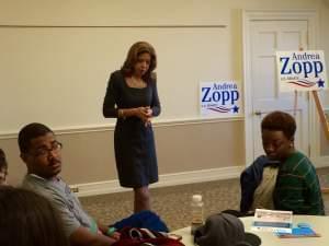 Andrea Zopp, a Democrat vying for U.S. Senate, speaks with students at the University of Illinois Illini Union on Tuesday.