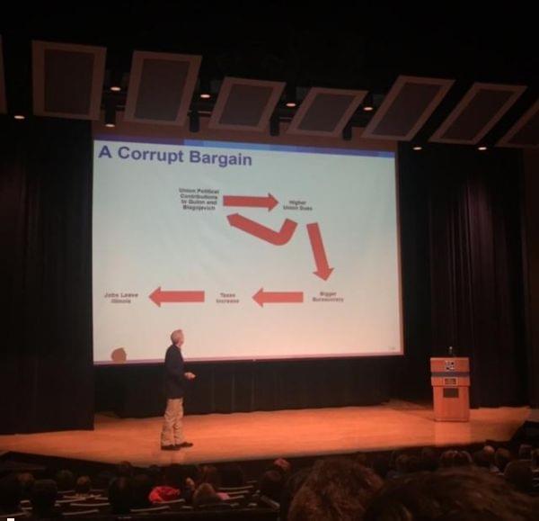 Gov. Bruce Rauner in front of an audience with a powerpoint presentation