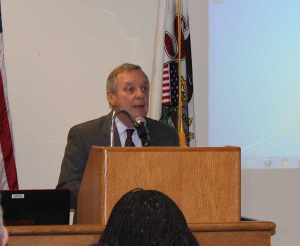 Illinois US Senator Dick Durbin speaks at the U of I's Beckman Institute Friday.