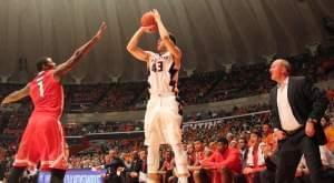 Hoopeston native Thad Matta watches Illini Michael Finke launch a three-point attempt.
