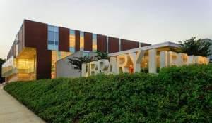 The front entrance to the Champaign Public Library.