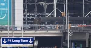 Blown out windows of Zaventem airport in Brussels, Belgium, after a deadly attack. 