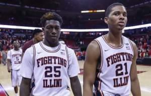 Illinois' Kendrick Nunn (25) and Malcolm Hill (21) walk off the court after the team's 69-60 loss to Wisconsin basketball game on Sunday, Feb. 21, 2016, in Madison, Wis. 