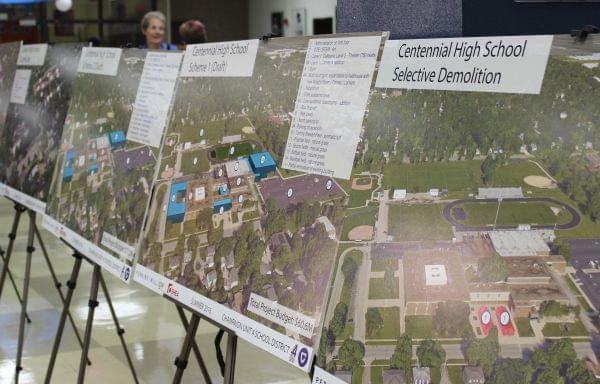 Displays about the future of Centennial High School in the school library for Thursday Unit 4 town hall meeting.