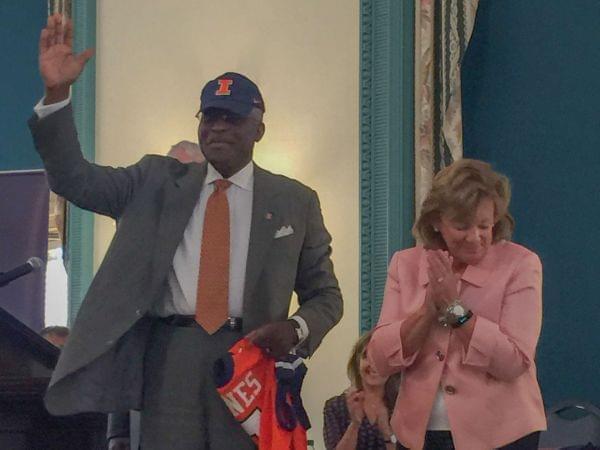 New U of I Urbana Chancellor Robert Jones, joined by Interim Chancellor Barbara Wilson at the Illini Union Wednesday.