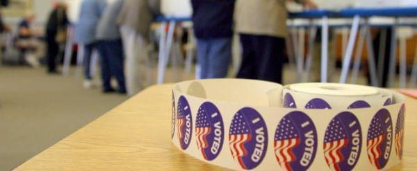 I Voted stickers at a polling place.