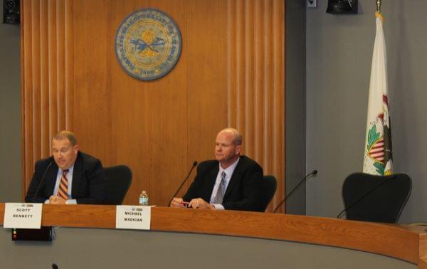 Urbana Alderman and Senate candidate Mike Madigan (R) debates incumbent Scott Bennett of Champaign on October 5 at the Champaign City Building.