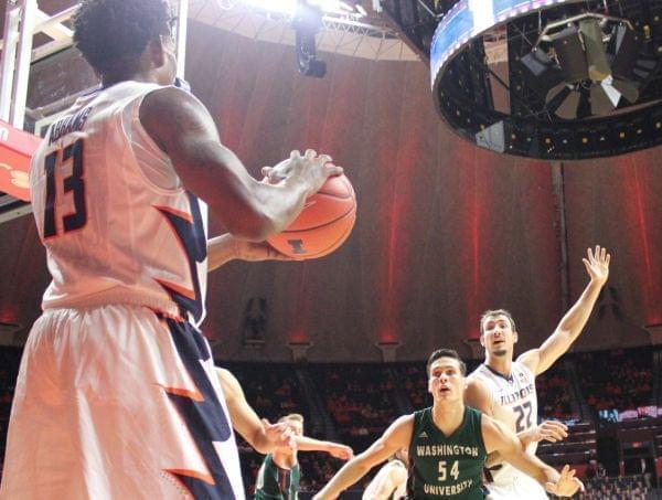 Tracy Abrams looks for fellow Illini Maverick Morgan during Sunday's exhibiton game against Washington Uiversity.