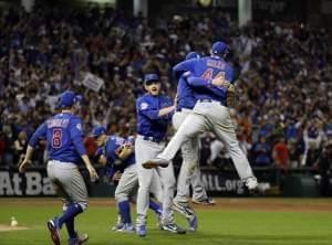 The Chicago Cubs celebrate after Game 7 of the  World Series against the Cleveland Indians Thursday, Nov. 3, 2016, in Cleveland. The Cubs won 8-7 in 10 innings to win the series 4-3.