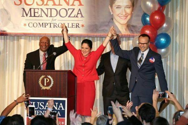 Susana Mendoza celebrates her victory in the race for Illinois comptroller.