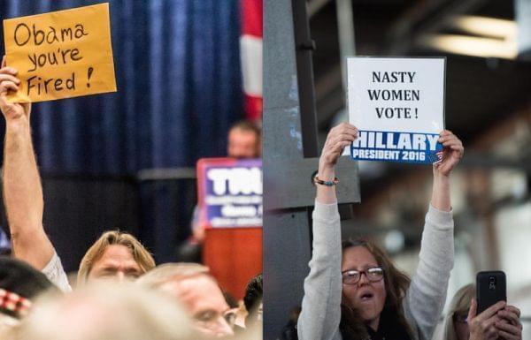 Supporters for Donald Trump and Hillary Clinton stand side-by-side at a campaign event.