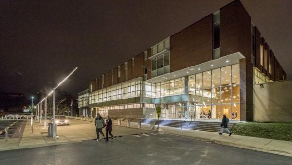 Patrons leave the Champaign Library just before the 6 p.m. closing on December 9, 2016.