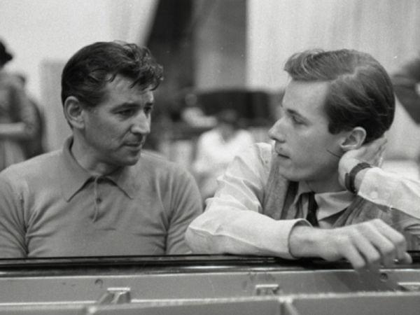 Glenn Gould and Leonard Bernstein at a piano