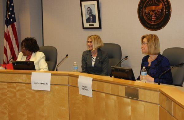 Rev. Evelyn Burnett Underwood, Alderwoman Diane Marlin, and Urbana Mayor Laurel Prussing in Monday's debate at the Urbana City Building.