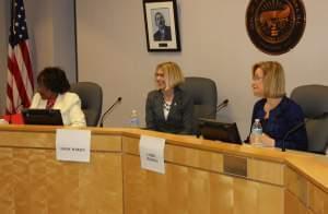 Rev. Evelyn Burnett Underwood, Alderwoman Diane Marlin, and Urbana Mayor Laurel Prussing in a debate at the Urbana City Building, January 31st.