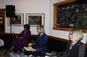 Rev. Evelyn Burnett Underwood, Incument Mayor Laurel Prussing, and Alderwoman Diane Marlin debated at Urbana's Riggs Brewery Wednesday.