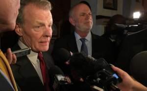 House Speaker Michael Madigan, left, speaks with reporters on Wednesday.

