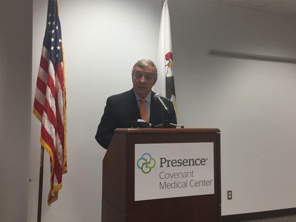 US Senator Dick Durbin speaking Thursday at a news conference at Presence Covenant Medical Center in Urbana.