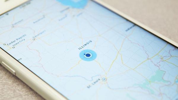 A smart phone showing a map of Illinois with current location.