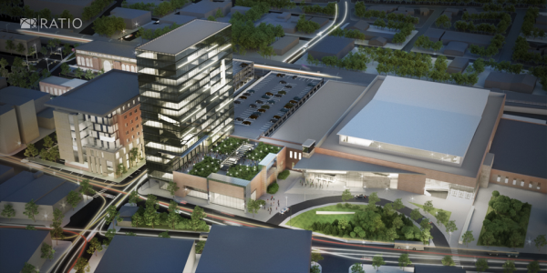 A rendering of the proposed expansion of the Illinois Terminal, and a new hotel conference center to be located in downtown Champaign.