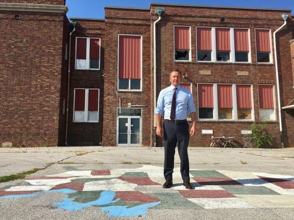 State Sen. Andy Manar outside Meissner School.