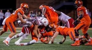Nebraska Linebacker Chris Weber (49)  tackles Illinois quarterback Chayce Crouch (7) in Nebraska's 28-6 win Friday night.
