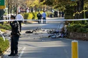 Bicycles and debris lay on a bike path after a motorist drove onto the path near the World Trade Center memorial in New York City.