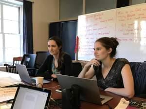 Students Kate Shulenberger (left) and Sarah Goodman on the Massachusetts Institute of Technology's Graduate Student Council plan a "call your congressman" event on campus. 