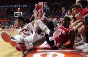 Illinois player Trent Frazier and Indiana player Josh Newkirk