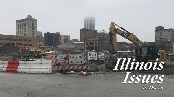 Construction crews fix sewer issues on the YWCA block, the lots across the street from the Illinois Executive Mansion. A plan backed by Gov. Bruce Rauner would put a park on the block.